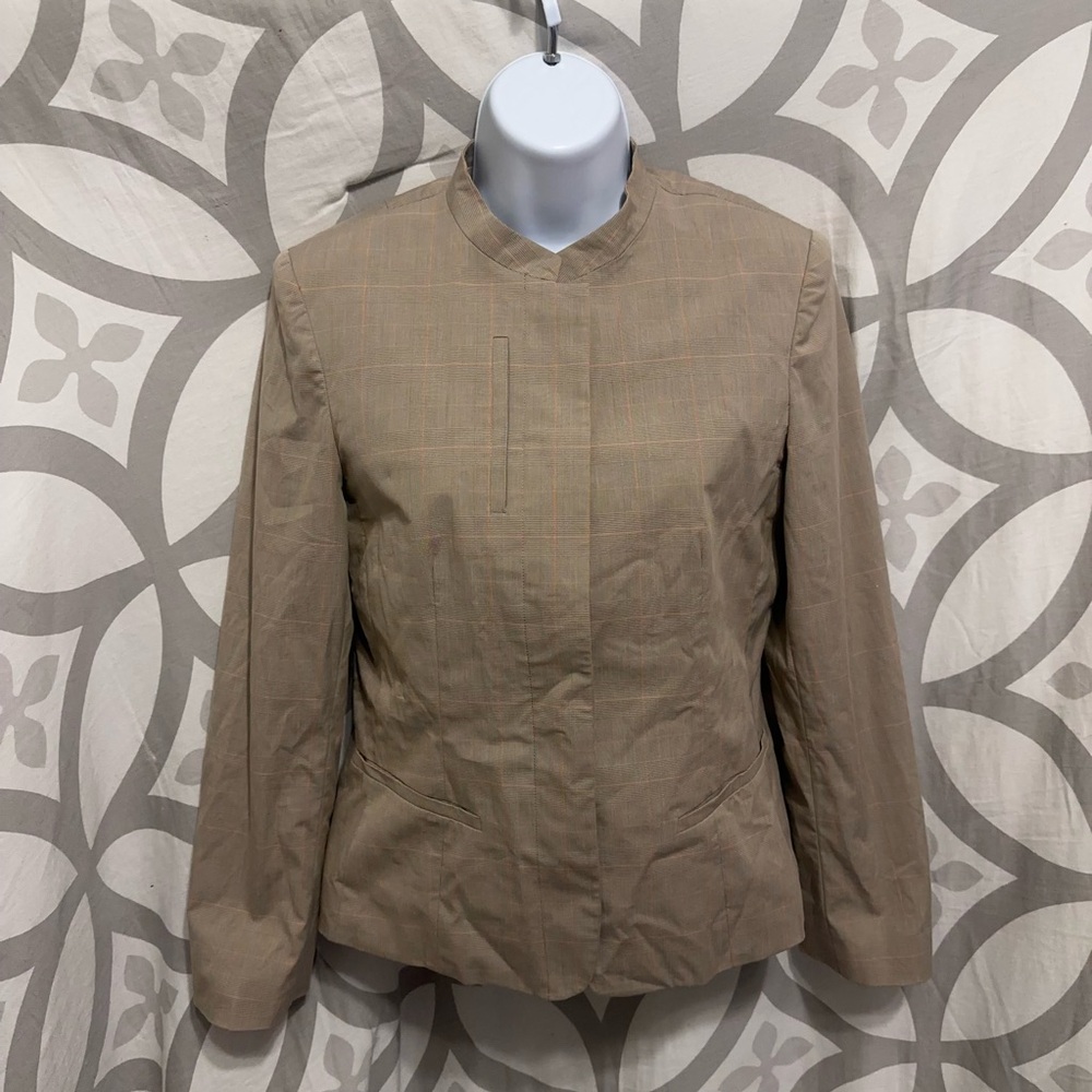 DKNY Jacket Womens 4 Hidden Button Blazer Collarless Mandarin Tan Plaid Vintage